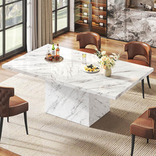 63 Inch White Faux Marble Dining Table Rectangular Table Seats 4-6 People Modern
