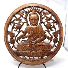 Wooden Hand Carved Wall Hanging Buddha Sculpture Statue Panel Relief Plaque 14.5