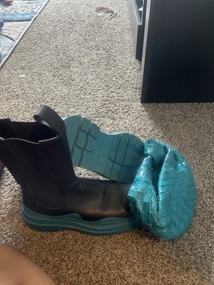 Bottega Veneta Leather Platform Mid-Calf Boots Black Blue Block Heel Pull On