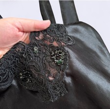 Vintage Hidden Fantasies Black Satin Lace Beaded Night Dress Made USA Size M