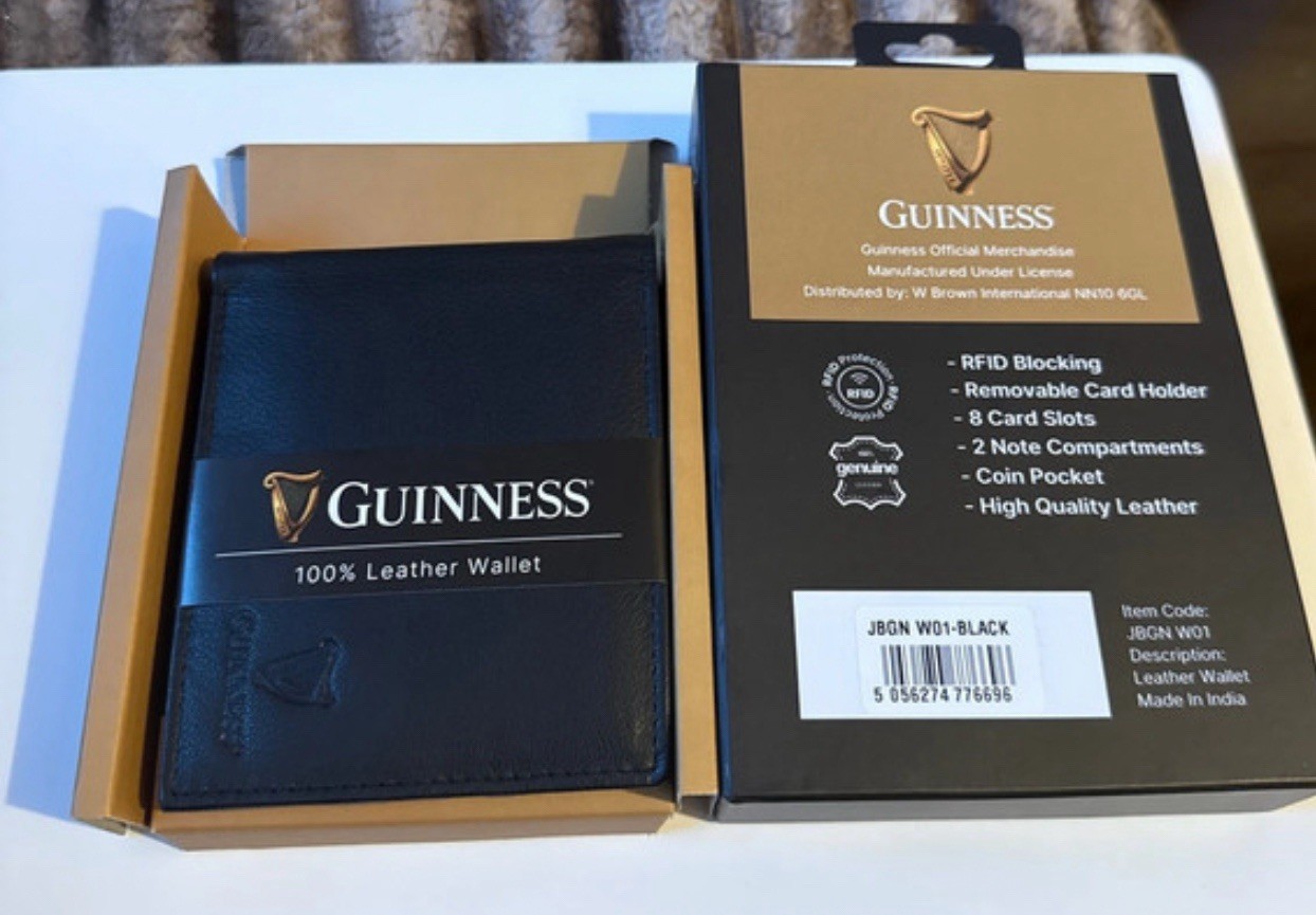 Guinness® Men’s Leather Wallet RFID Blocking Bi-Fold w/ Zipped Pocket & ID Windo