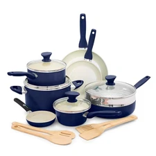 GreenPan Rio 16-Piece Blue Ceramic Nonstick Cookware Set, PFAS-Free, Dishwasher 