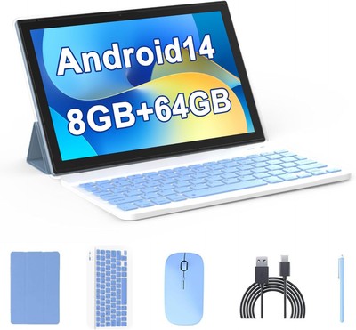 Android 14 Tablet, 10.1 inch 8GB RAM+64GB ROM/ 1TB Expand 1.8Ghz Blue 