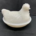 Vintage Milk Glass Chicken Hen Rooster Lid Nest Candy Dish