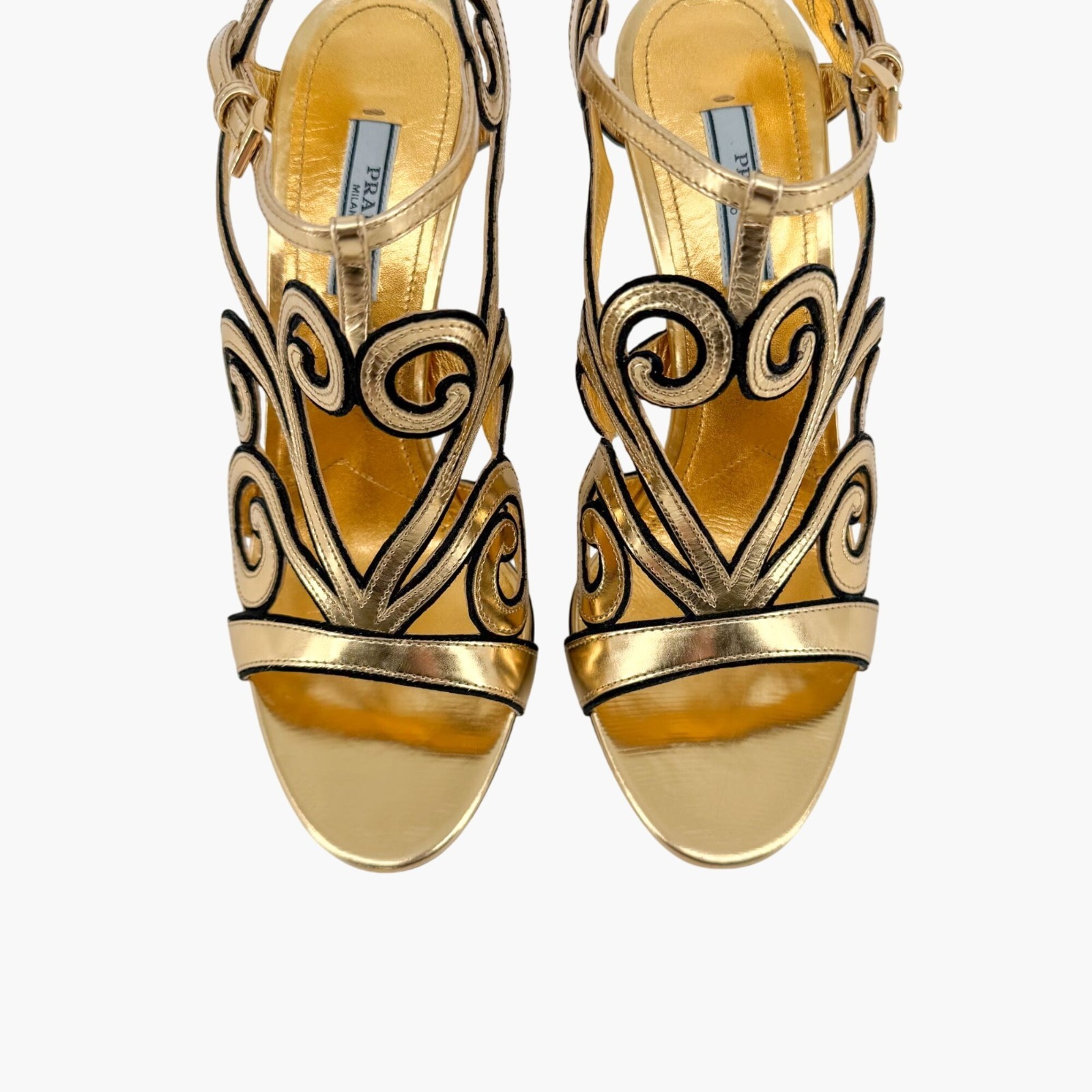Prada Baroque Gold Caged Sandals Size 37.5 US 7.5 Cutout Metallic Leather Heels thumbnail 4