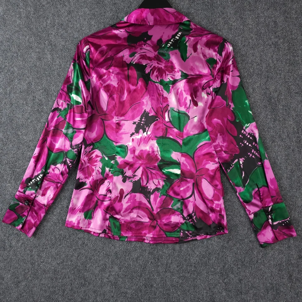 Camisa Ann Taylor Feminina 8P Rosa Verde Floral Cetim Ruched Decote V Blusa Escritório - Imagem 2 de 4