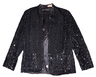 Neiman-Marcus Black Sequin Open Front Lined Mid-Length Jacket Womens S