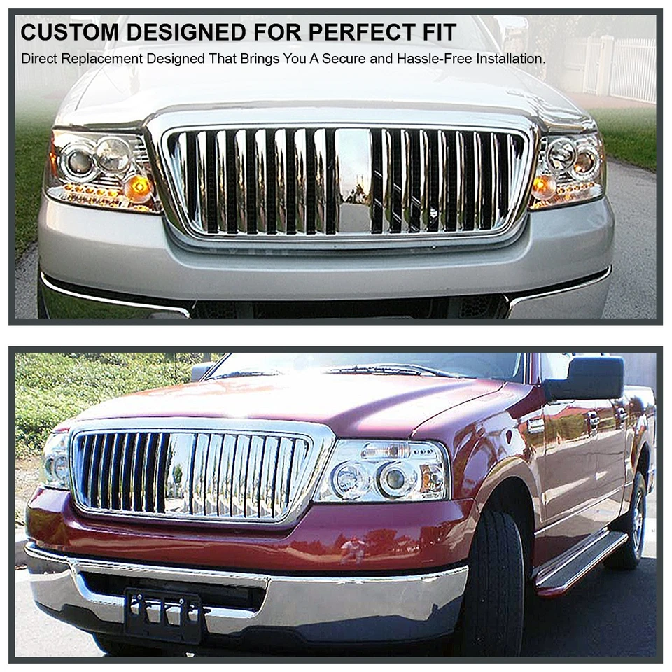 Fits 2004-2008 Ford F150 06-08 Lincoln Mark LT Chrome Vertical Bumper Hood Grill - Изображение 3 из 4