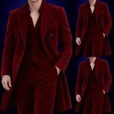 Burgundy Velvet Men's Suits Peak Lapel Long Jacket Wedding Groom Tuxedo 2 Pieces