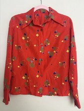 Vintage 70s Red Geometric Print Blouse UK 12 Retro Shirt Button Up Disco Era