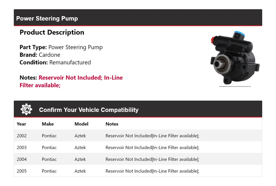 For 2002-2005 Pontiac Aztek Power Steering Pump Cardone 2003 2004 - Image 2 of 4