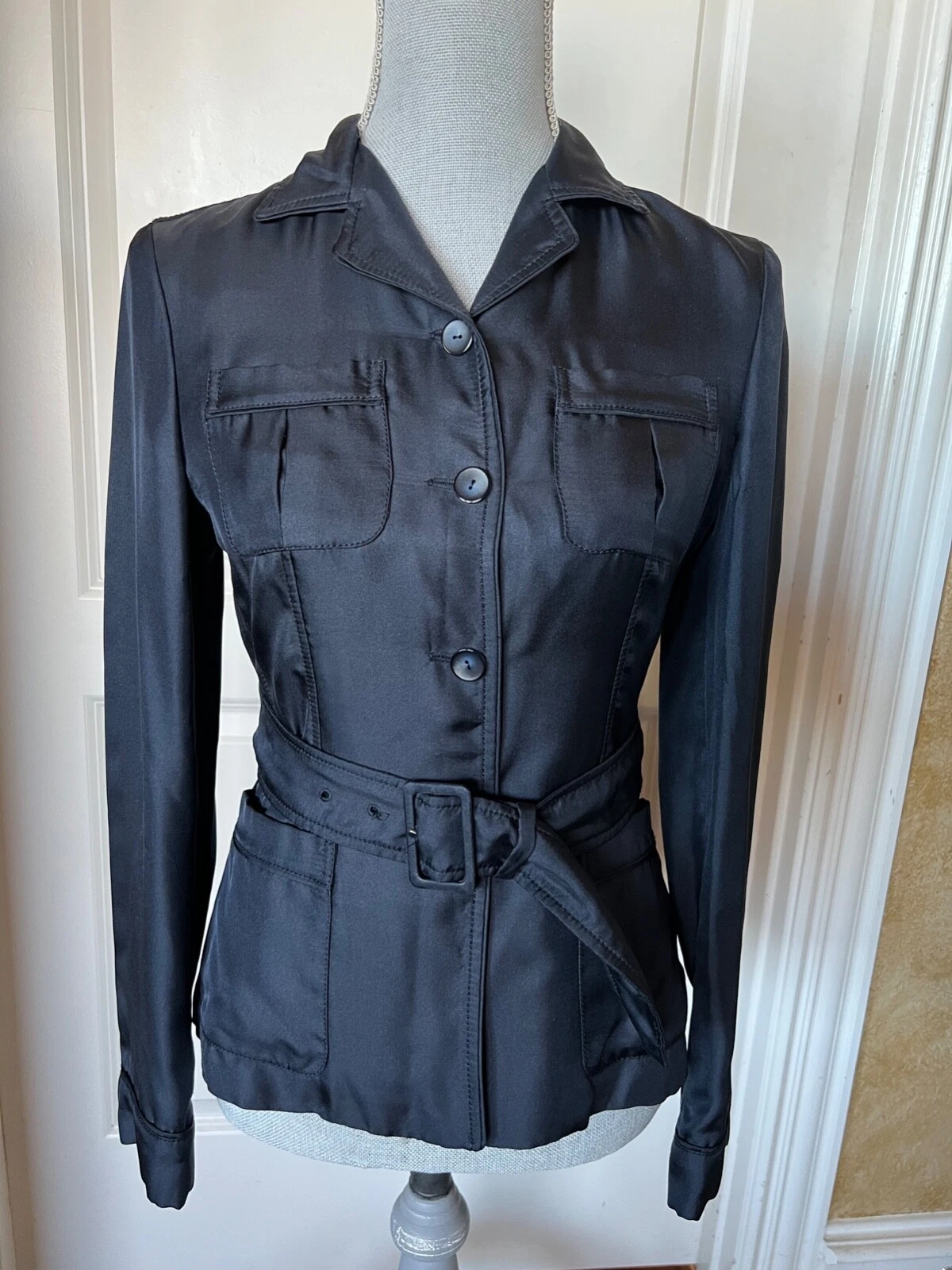 Giacca Petto Singolo Prada Navy Seta Abbottonata con Cintura Taglia 38 Made in Italy