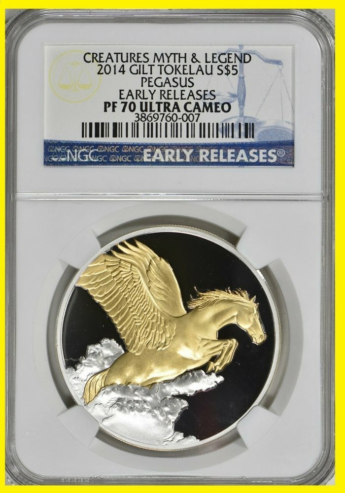 2014 PEGASUS 1 oz Silver PEGASUS 24K GILT NGC EARLY RELEASES PF 70