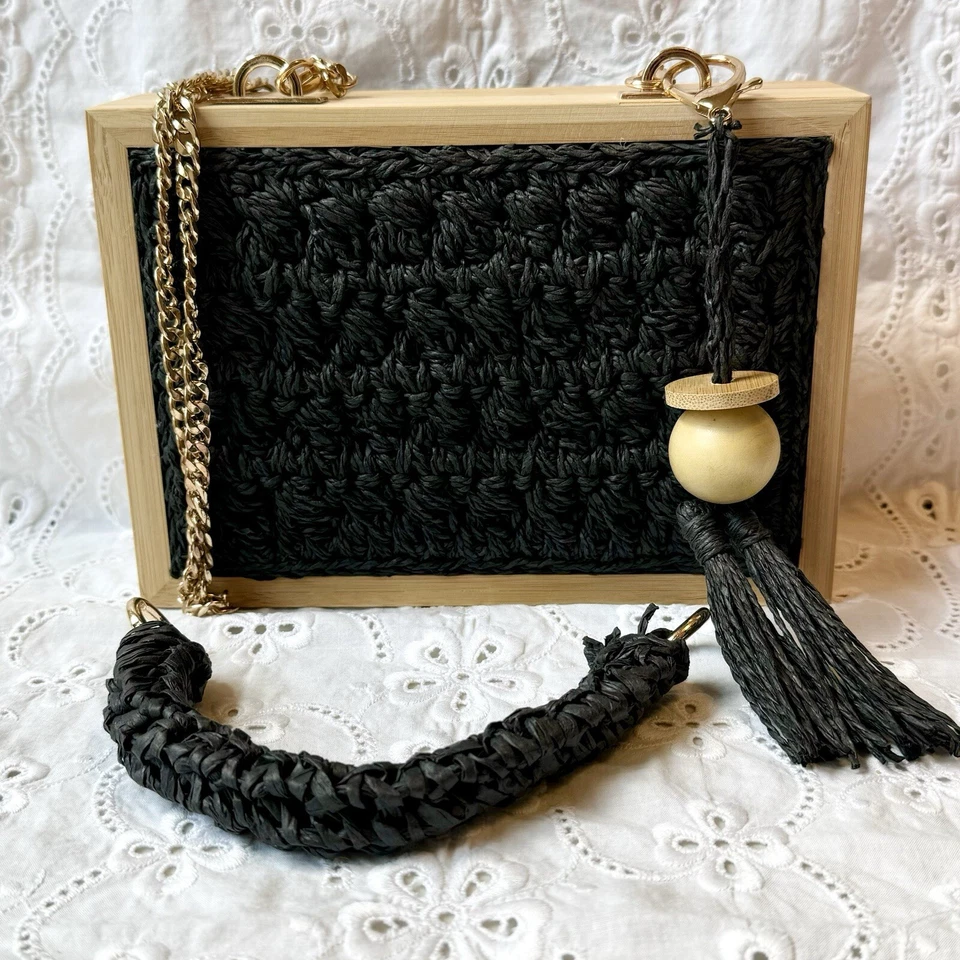 Black Raffia Handbag Bamboo Purse Crossbody Bag Modern Summer Beach - Image 3 of 4