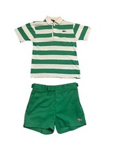 Vtg Izod Lacoste Boys Polo Shirt Short Set 12 Green White Stripe 70s