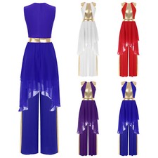 Women Lyrical Liturgical Praise Dance Irregular Hem Dress with Wide-Leg Pants
