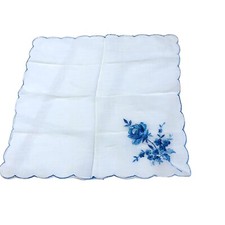 Hankie White Sheer Embroidered Blue 9x9 Rose Handkerchief Vintage