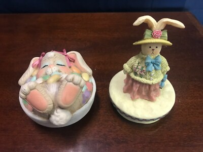 Bunnie Candle Topper Easter Bunny Eggs Flowers Basket - Set of 2