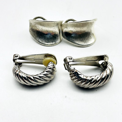 Silver Tone Earrings Lot of 2 Ribbed Concave Pierced Clip On Classic Career Work