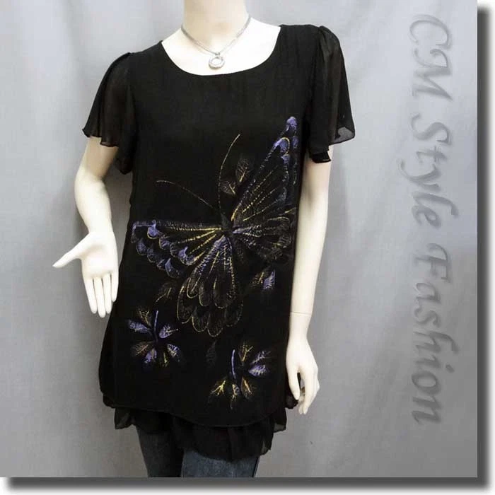 Vestido túnica fluido mariposa manga acampanada de gasa con cinturón negro S Foto 2 de 4