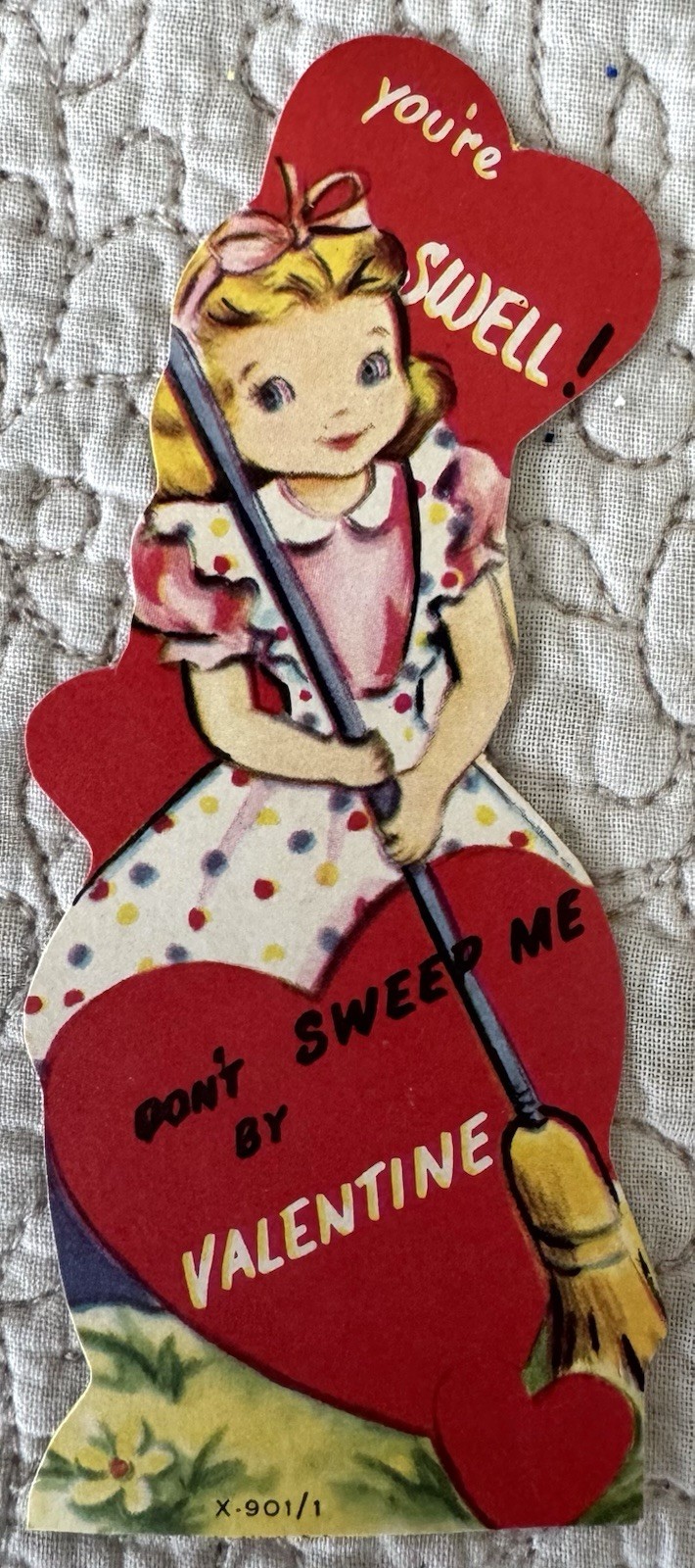 Vintage Valentine Girl Broom Don’t Sweep Me By Swell Greeting Card 1940s 1950s