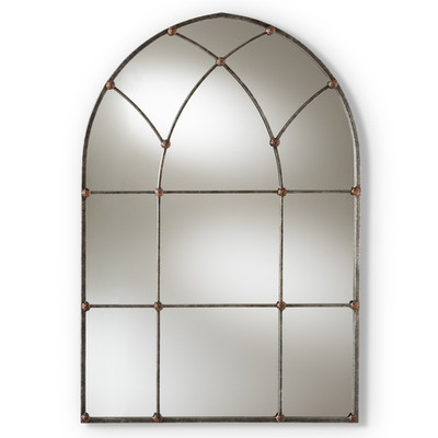 New Cathedral Windowpane Style Arched Wall Mirror in Tarnished Silver 47''