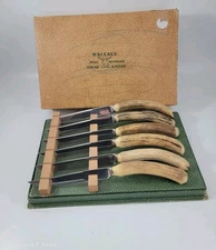 Wallace 6 Piece Set Stainless Steel Stag Handle Steak Knives Vintage 
