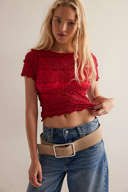 Free People Angelina Lace Tee Fp One Mesh Striped Short Sleeve Blouse Top NWT S
