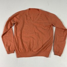 Cotton Cashmere Sweater Womens Orange V Neck Long Sleeve Knit Pullover