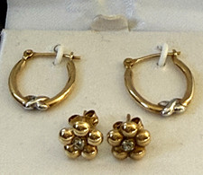 MERVYN'S 14k YELLOW GOLD HOOP EARRINGS & DIAMOND FLOWER STUDS, LATCH BACK