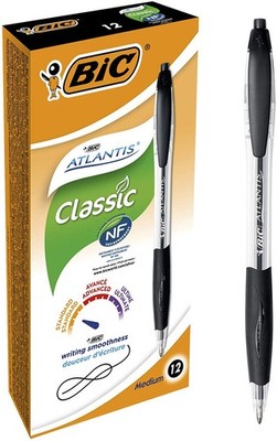 BIC Atlantis Clic Ball Pen - Black - Box of 12 Medium Point Office Pens (1.0 mm)