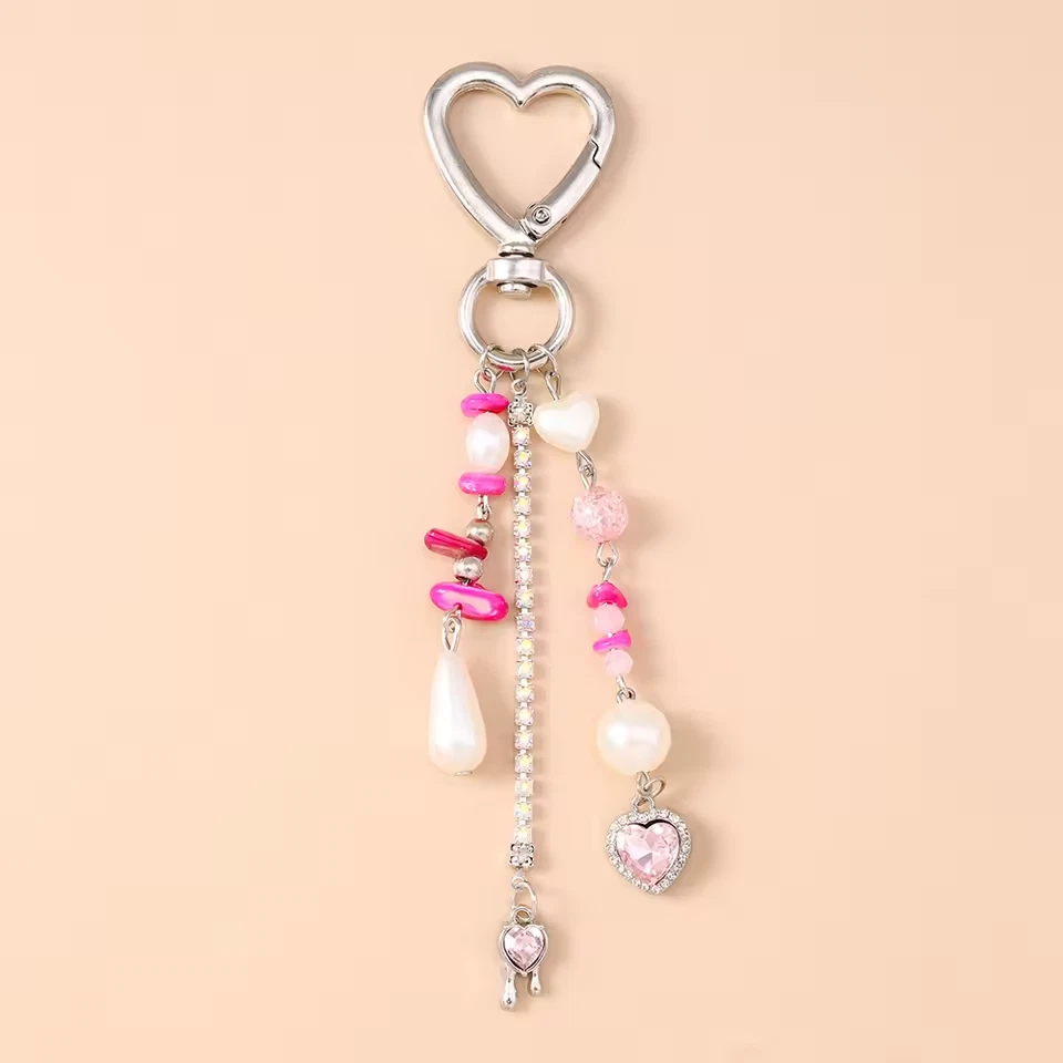 Porte-clé Y2K métal cœur & perles mignon – accessoire sac clé femme / cadeau - Photo 4/4