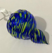 Hand Blown Art Glass Conch Shell Figurine Ornament Blue Yellow Swirl
