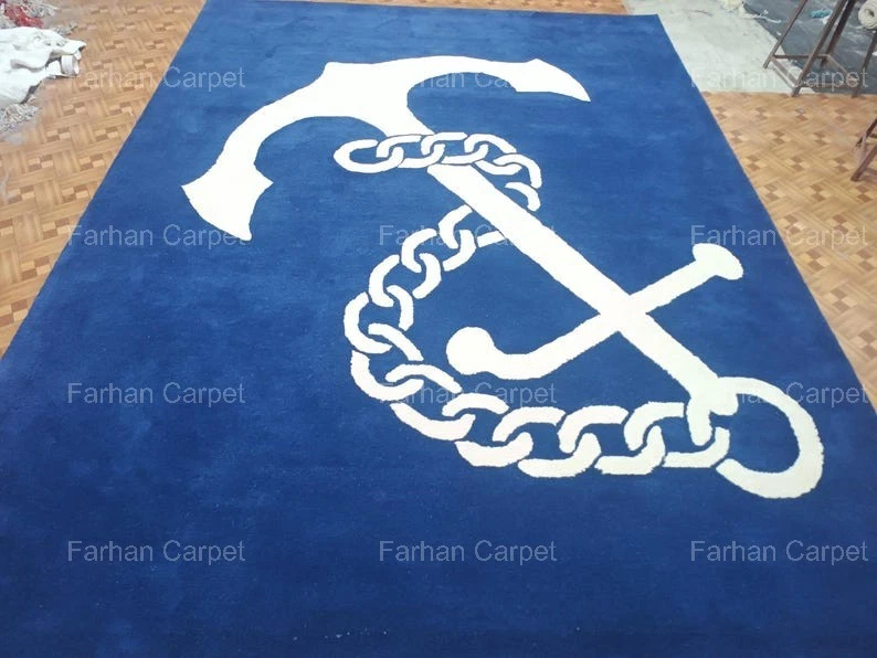 Modern - Nautical Design Hand Tufted- Wool Area Rug – Blue & White Anchor Chain. - Image 4 of 4