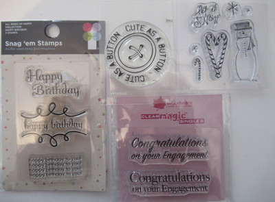 NEU 4 x Mini Clear Stamp Sets, Verlobung, Geburtstag, Weihnachten, Knopf, Schneemann