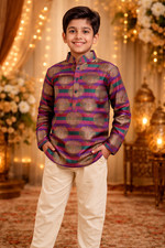Kids Boys Size 10 Multicolor Silk Blend Kurta Pajama Set - Indian Ethnic Wear