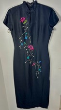 Vtg 90s David Warren Womens 100% Silk Embroidered Floral Asian Black Maxi Size-8