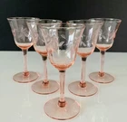 Pink Cordial Glasses Set/5 Depression Optic Liquor Etched 4 3/4” Vintage
