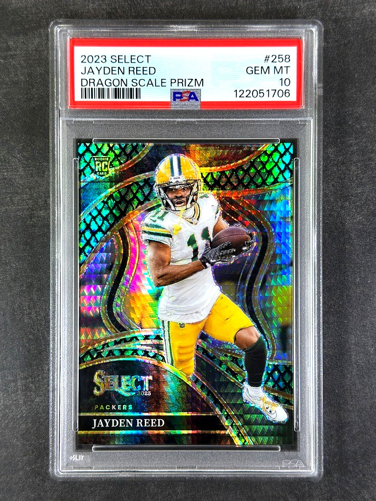 2023 Panini Select #258 Jayden Reed Dragon Scale Prizm /70 Rookie RC PSA 10 Gem