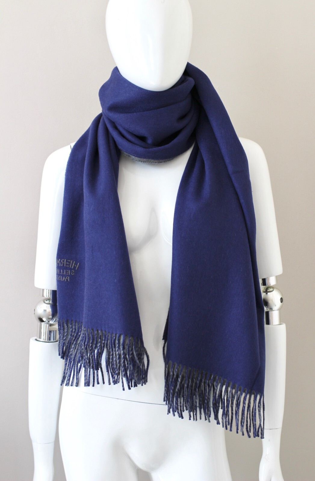 HERMES Double Face 100percent Cashmere wide big scarf stole grey blue jean 175x70cm image 4