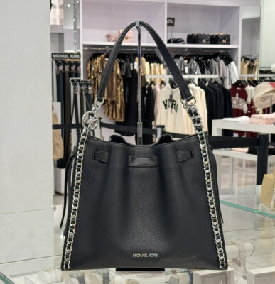 MICHAEL KORS MINA GRANDE CHAÎNE BANDOULIÈRE CUIR GRAINÉ SAC NOIR