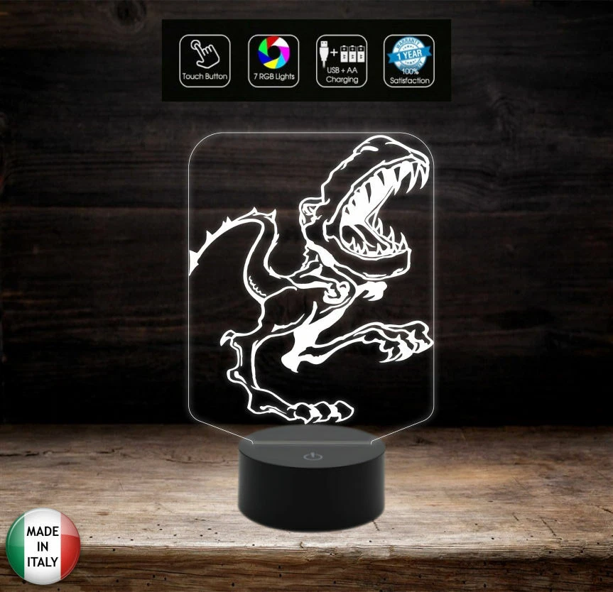 DINOSAURO Lampada led 7 colori Mostro Idea regalo compleanno bimbo Luce da notte - Immagine 2 di 4