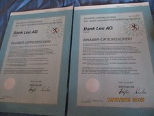 166 : Wertpapier / histor., 2 Stck., Bank Leu AG , Z&uuml;rich / Schweiz 1986 , 99+00