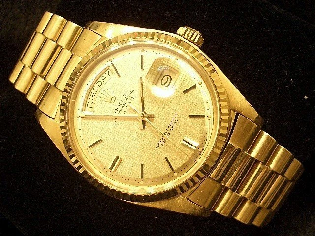Mens Rolex Day Date President Solid 18K Yellow Gold Watch Linen Dial Fluted 1803