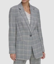Calvin Klein Women's Gray Plaid Notched-Lapel One-Button Blazer Jacket Size 10