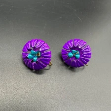 Vintage Flower Power Clip On Earrings  Purple Turquoise 60s Retro Enamel Jewely