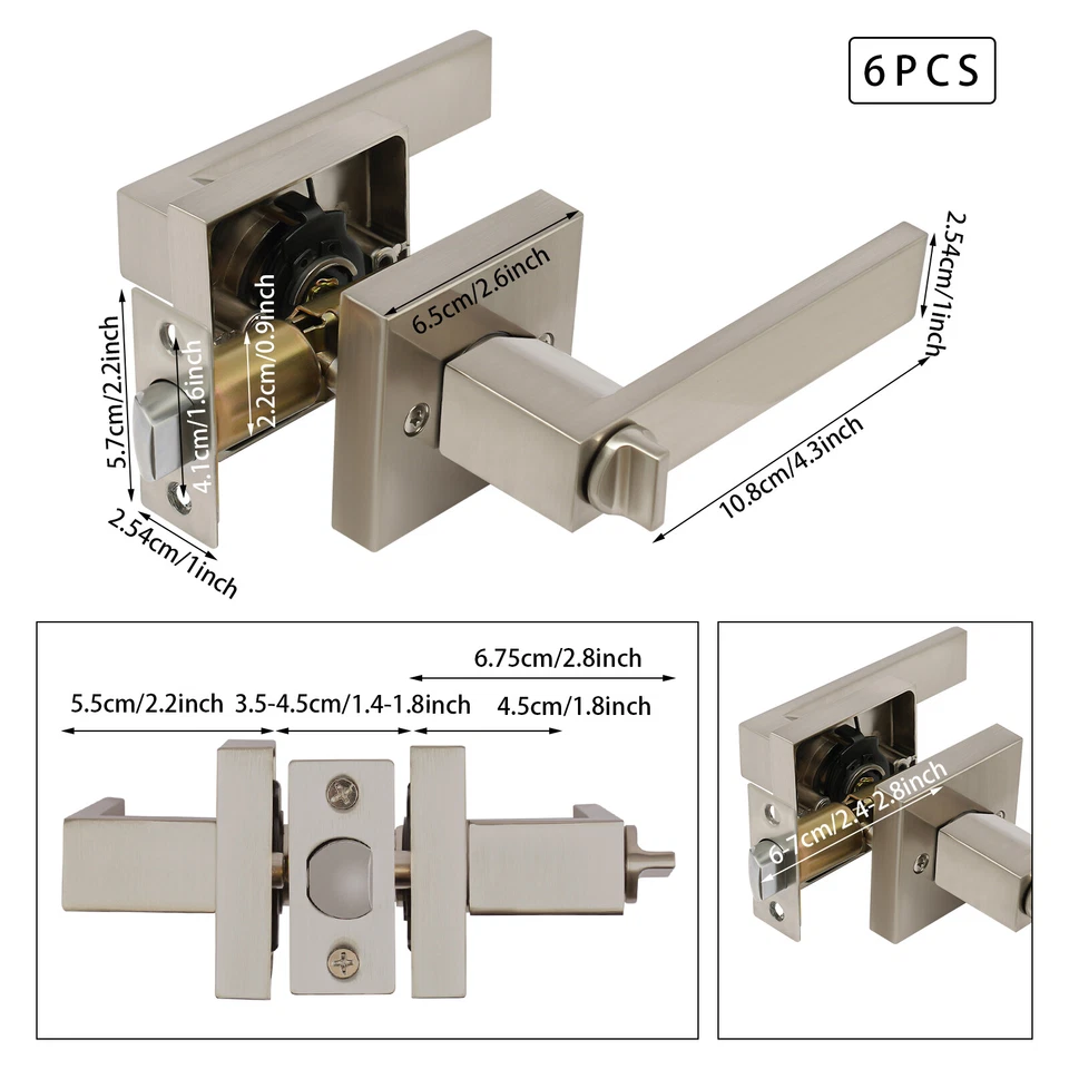 Pacote com 6 fechaduras de porta de privacidade alças de passagem de níquel escovado trava de entrada alavancas com chave - Imagem 2 de 4