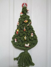 Macrame Wall Hanging Christmas Tree Fiber Art MCM Hand Painted Ceramic Ornaments