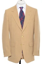 41L Long Vintage 70s Beige Patch Pockets Gold Buttons Blazer Sport Coat Jacket