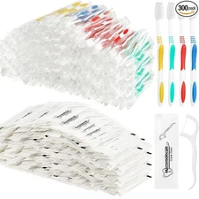 300 Pcs Individually Wrapped Toothbrushes Bulk with Dental Floss Set 100 Soft Br